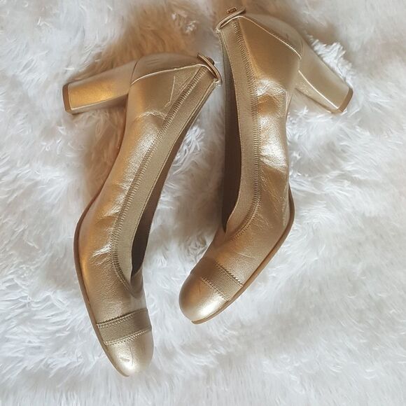 Stuart Weitzman Vintage Heels Pumps Gold Elastic Top Trim Block Heel Size 7.5 - Picture 4 of 16